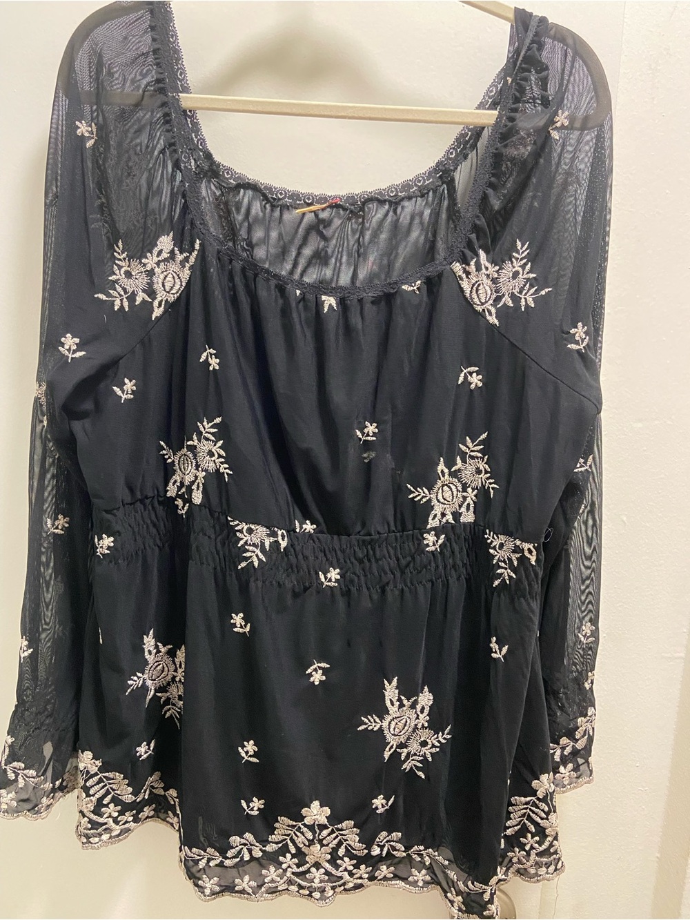 Seven7 Black Blouse with Cream Floral Embroidery